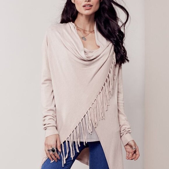 lovestitch Oatmeal Beige Tan Bohemian Fringe Long Sweater Wrap Cardigan Western - Picture 1 of 12